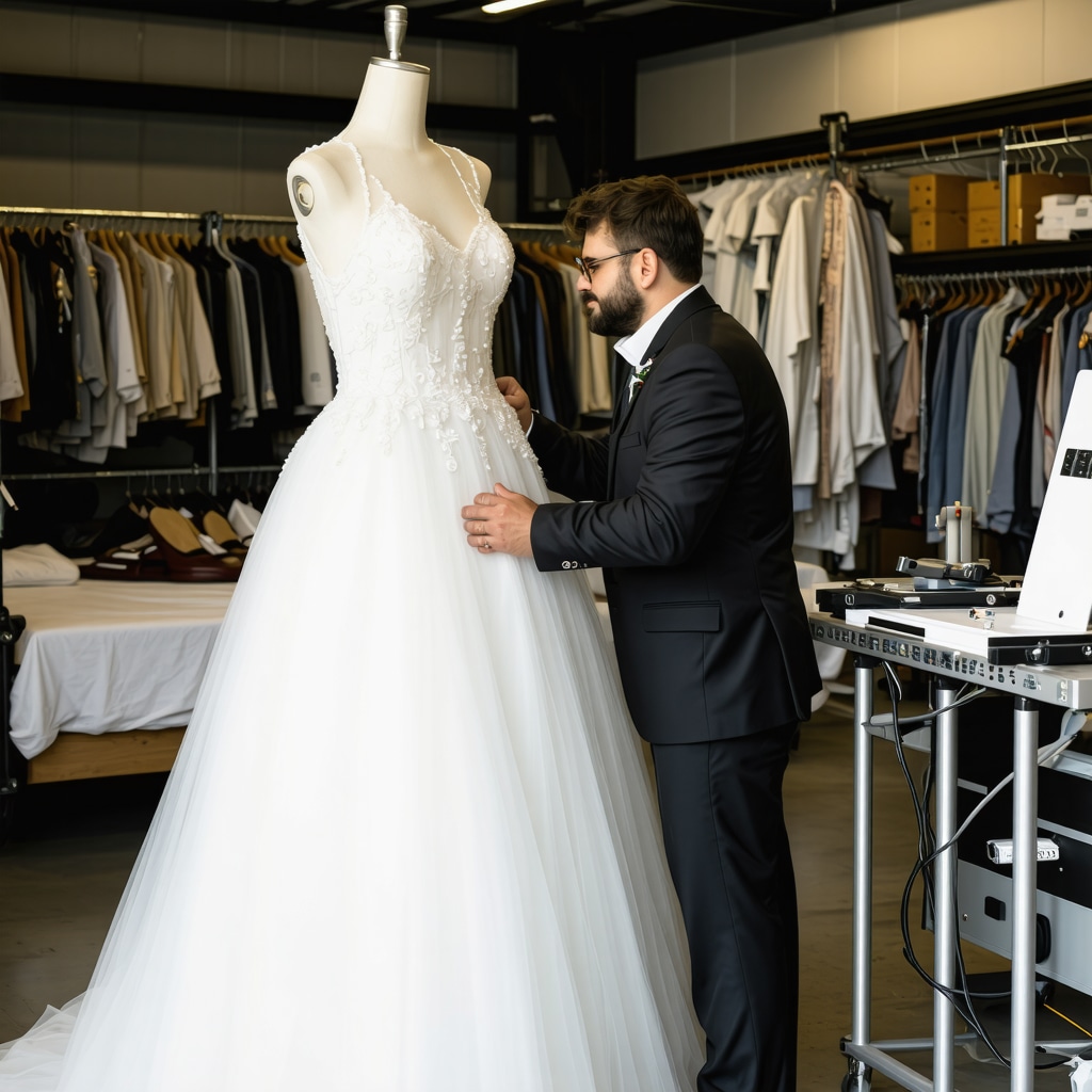 Preservationist examining wedding gown with technology tools in climate-controlled storage