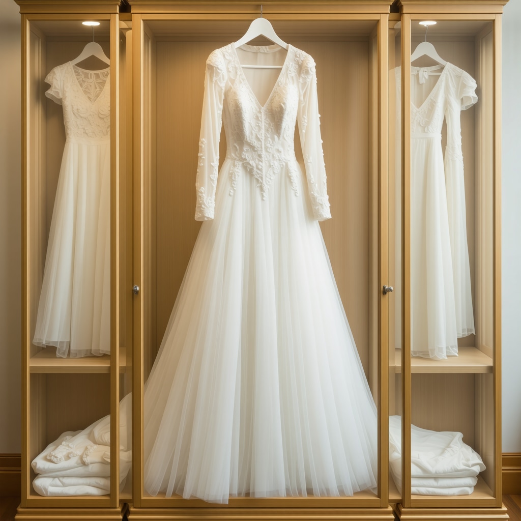Vintage wedding gown in preservation box with climate control features.