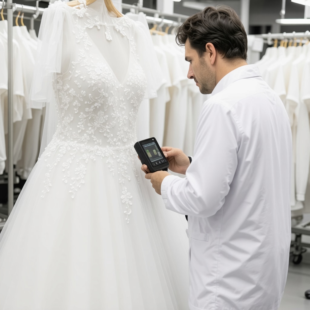 Technician analyzing wedding dress fabric with spectroscopy equipment in Tampa cleaning lab