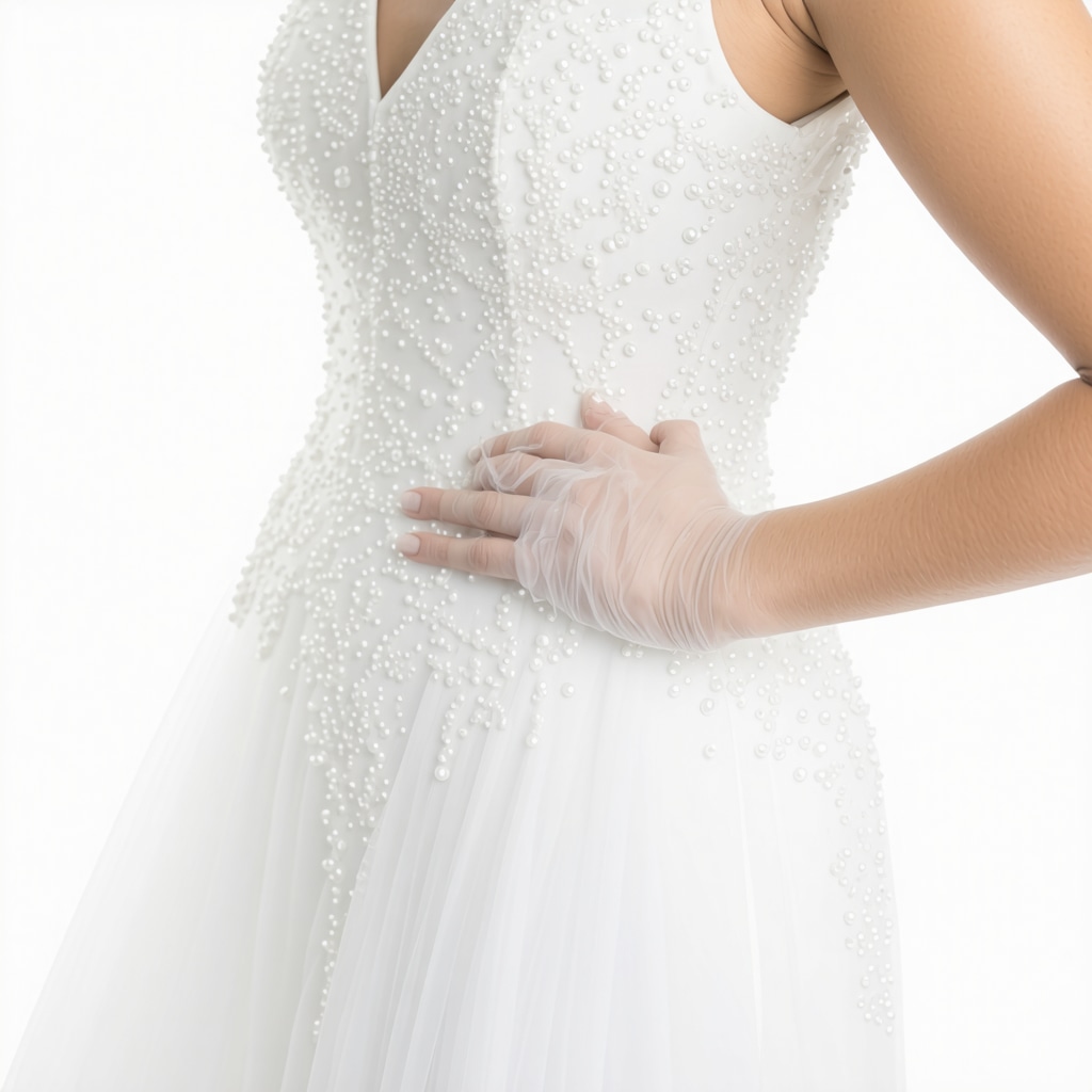 Technician using digital fabric mapping and microbubble cleaning on an intricate wedding dress in Tampa