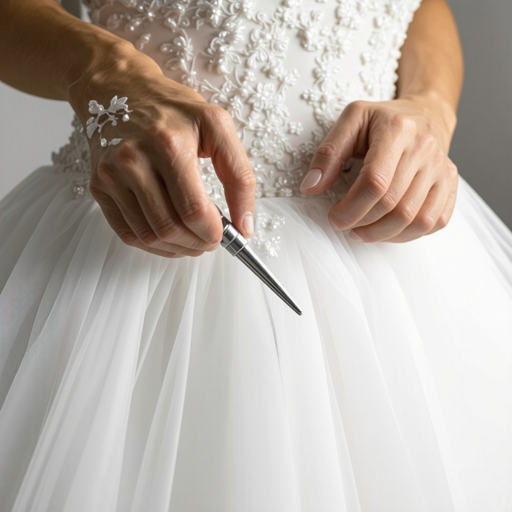 Close-up of delicate wedding gown fabric being carefully cleaned with specialized tools