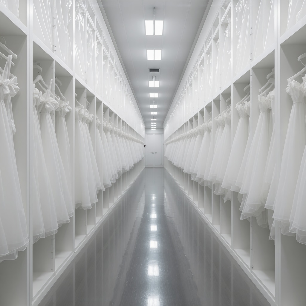 Modern storage room with dehumidifiers and temperature regulation for gown preservation