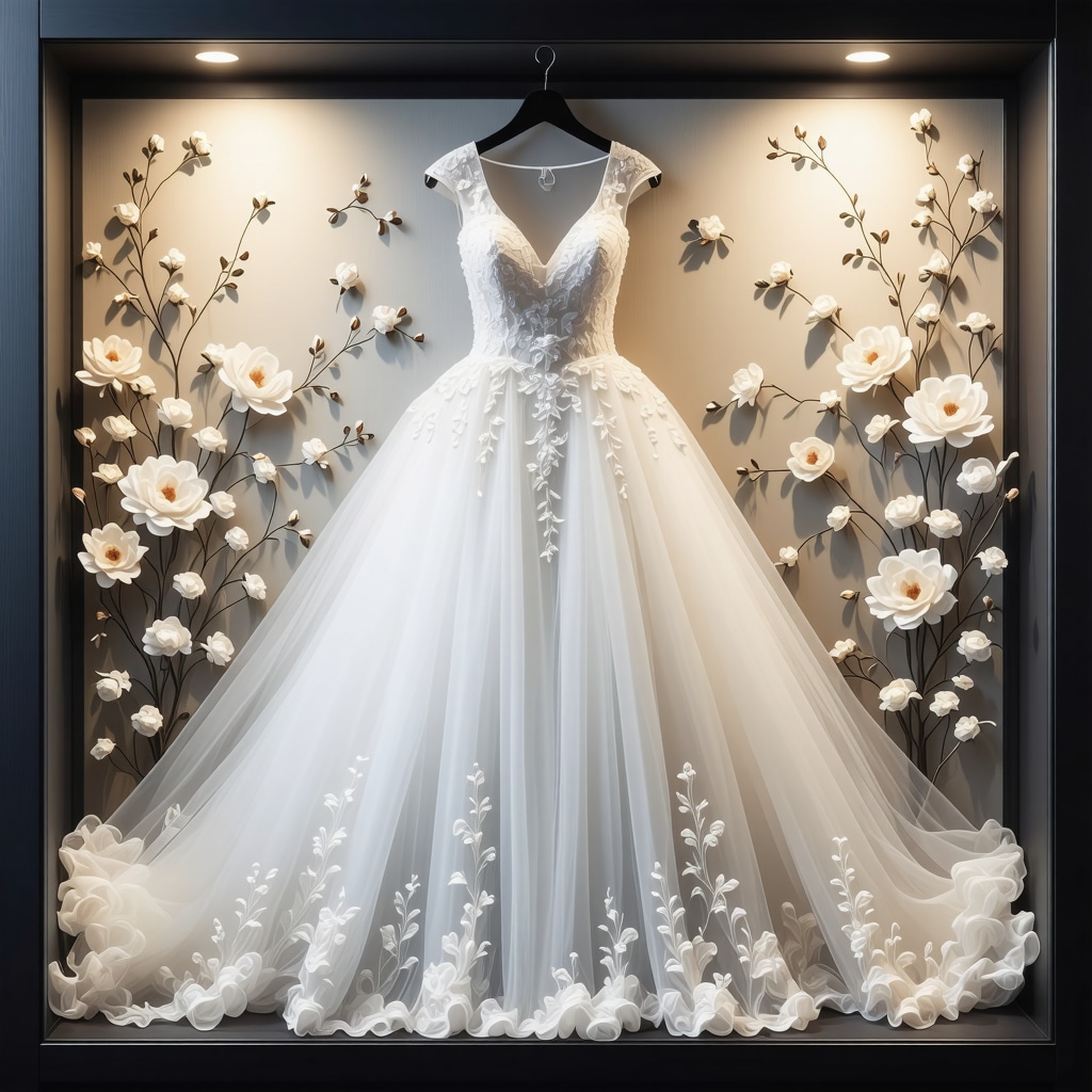Wedding dress displayed in a climate-controlled shadow box with Tampa-inspired floral archival lining and soft lighting