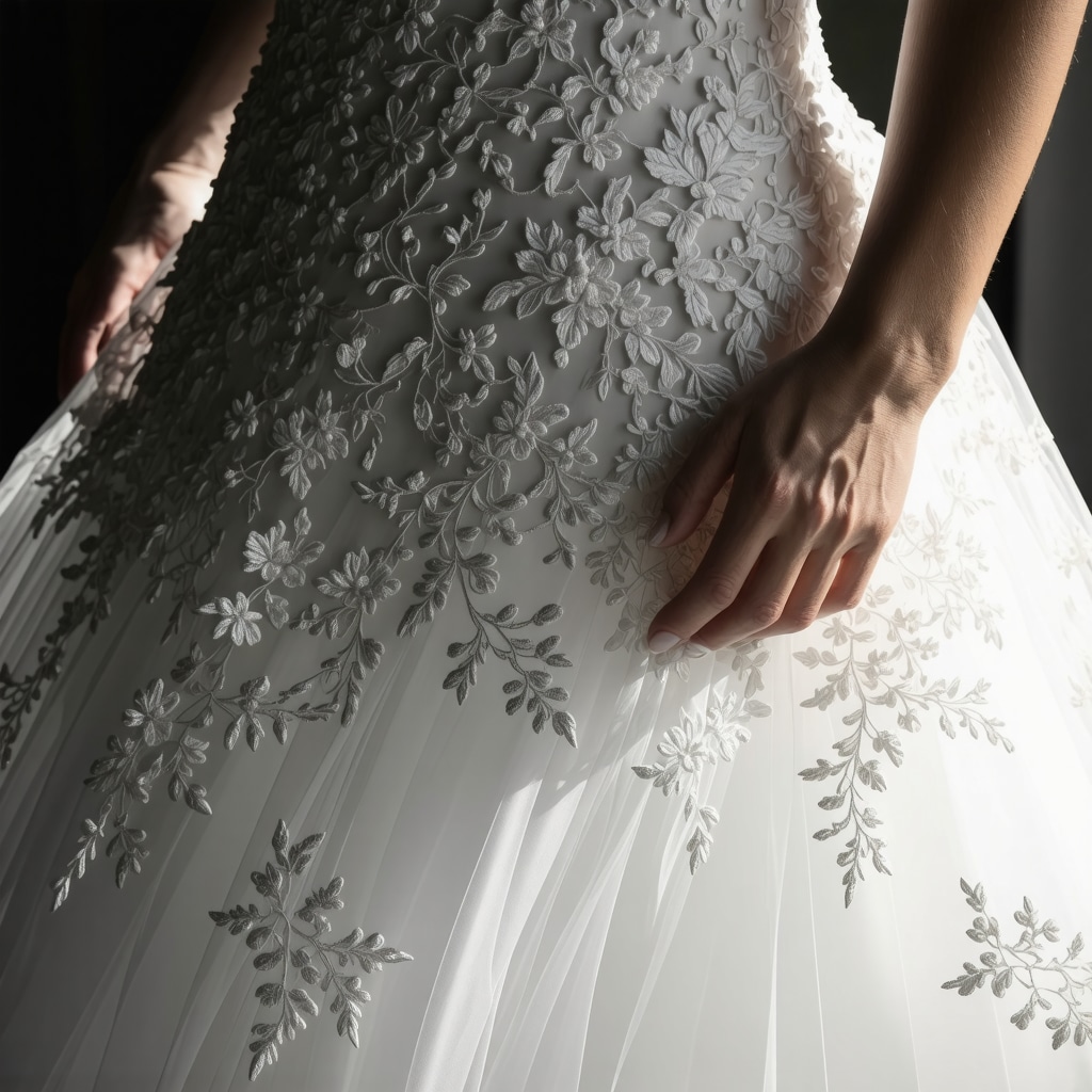 Delicate lace and silk textures on a vintage wedding dress illustrating preservation techniques