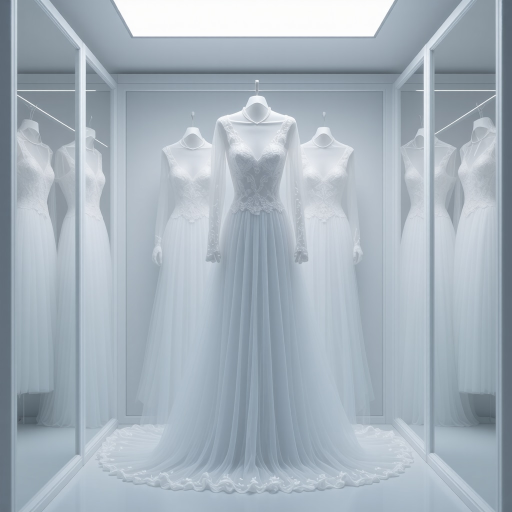 Laboratory setup displaying nanotech coating applications on wedding dress fabrics with AI diagnostic screens and IoT climate control sensors.