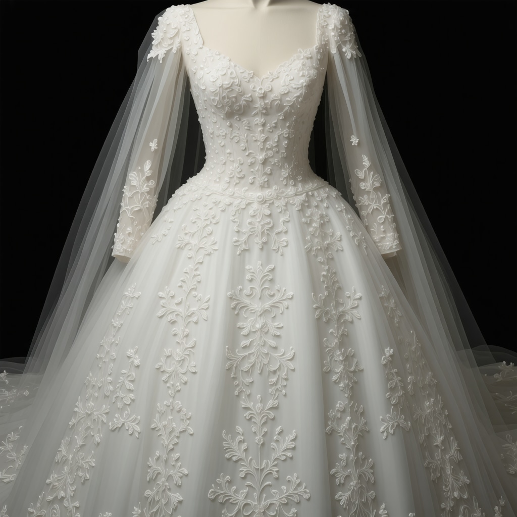 High-resolution image of wedding dress conservation process showing detailed embroidery and fabric textures.
