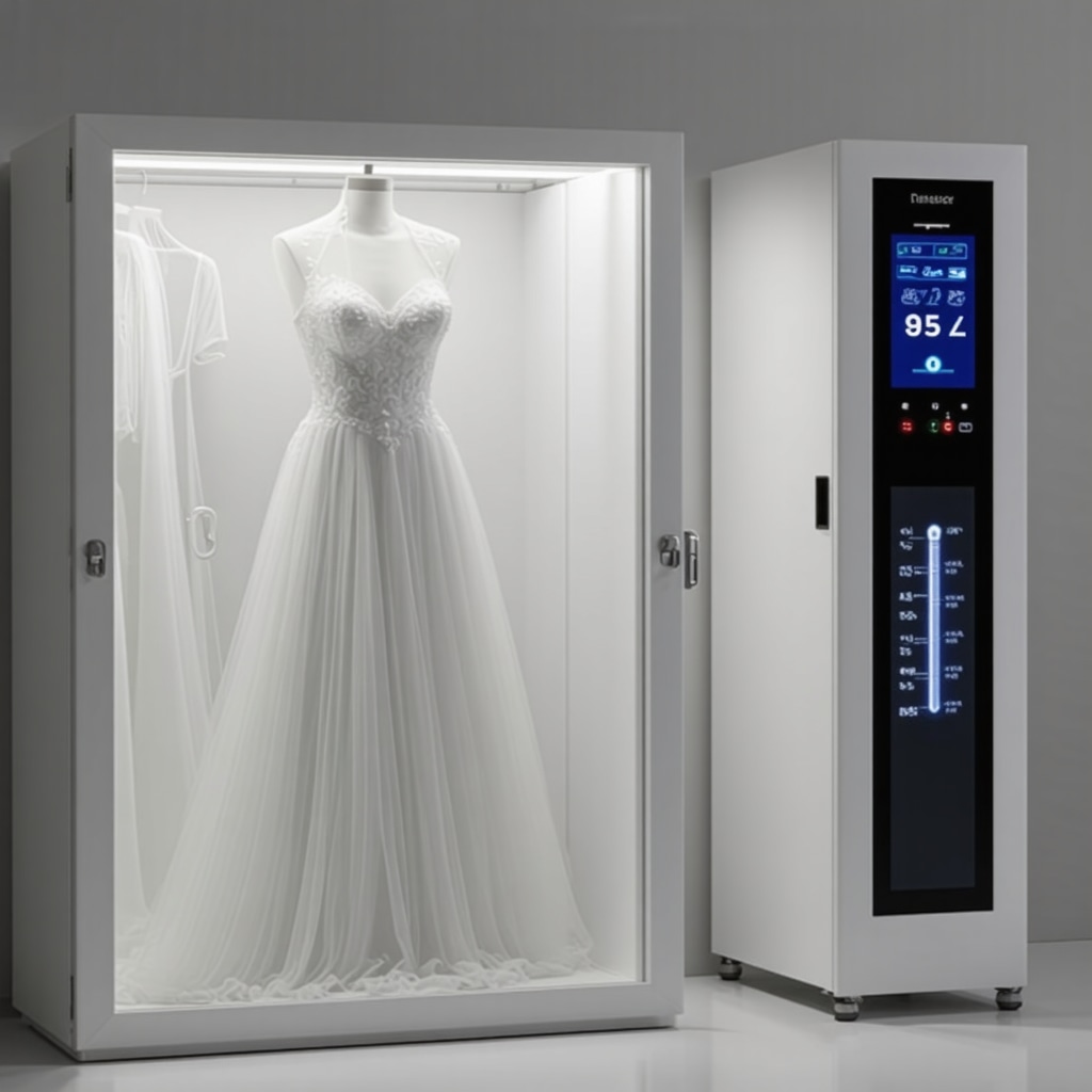 Digital sensors monitoring environmental conditions in wedding dress preservation storage