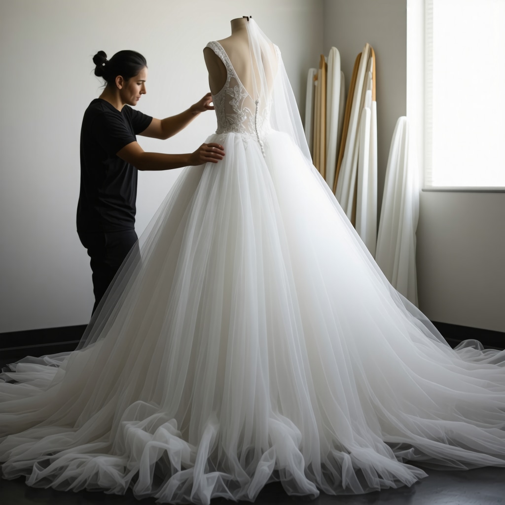 Conservator carefully restoring a vintage wedding gown using eco-friendly methods in a Tampa studio
