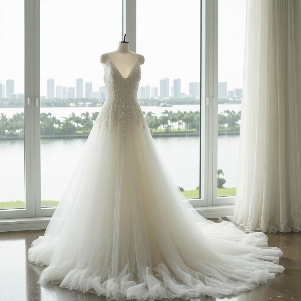 Vintage wedding dress stored in biodegradable, eco-conscious materials with Tampa skyline