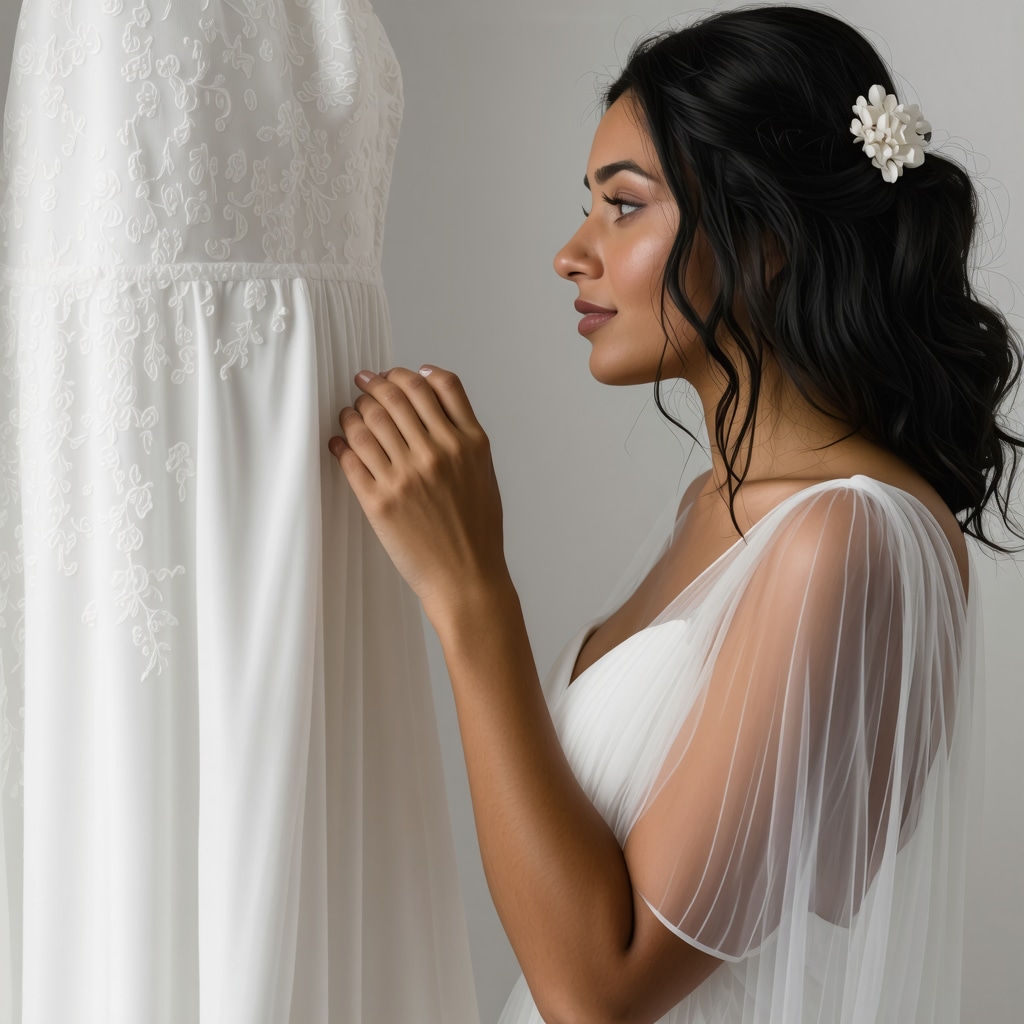 Bride holding her wedding dress in eco-conscious storage environment