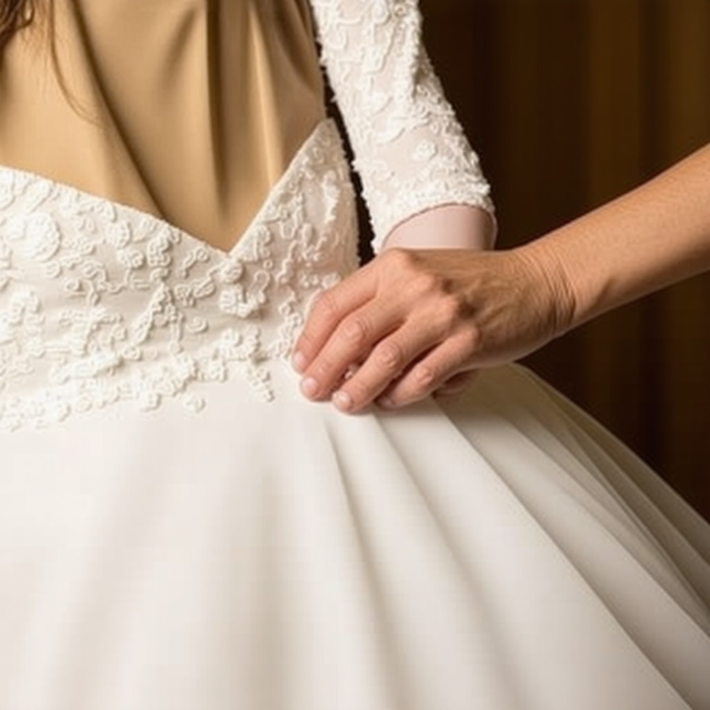 A bride's vintage wedding gown being preserved with biodegradable materials in Tampa's eco-conscious studio.