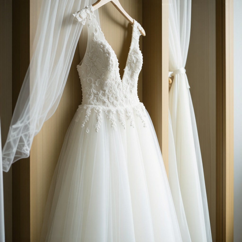 Wedding gown stored in biodegradable, acid-free box with natural lighting