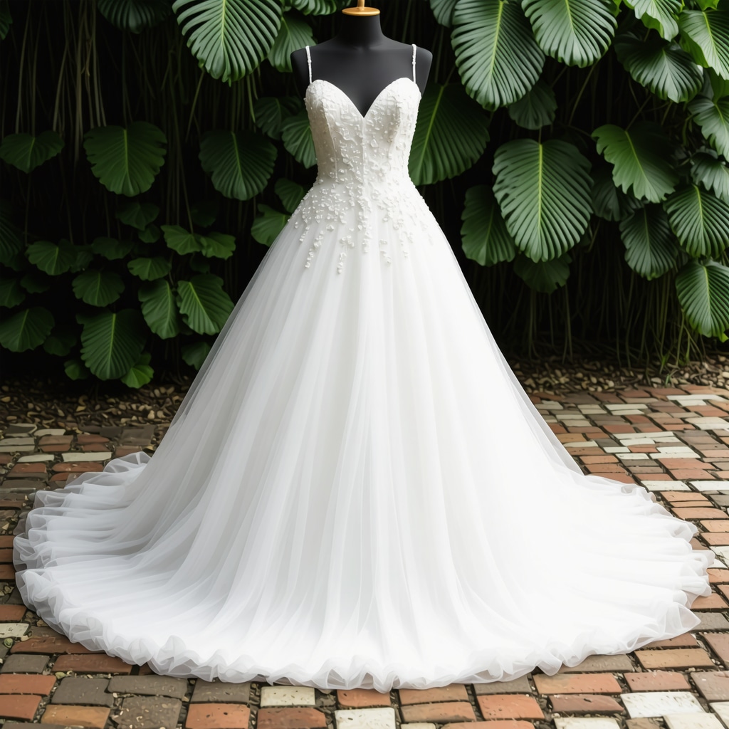 Wedding gown surrounded by greenery in Tampa, eco-conscious wedding dress care