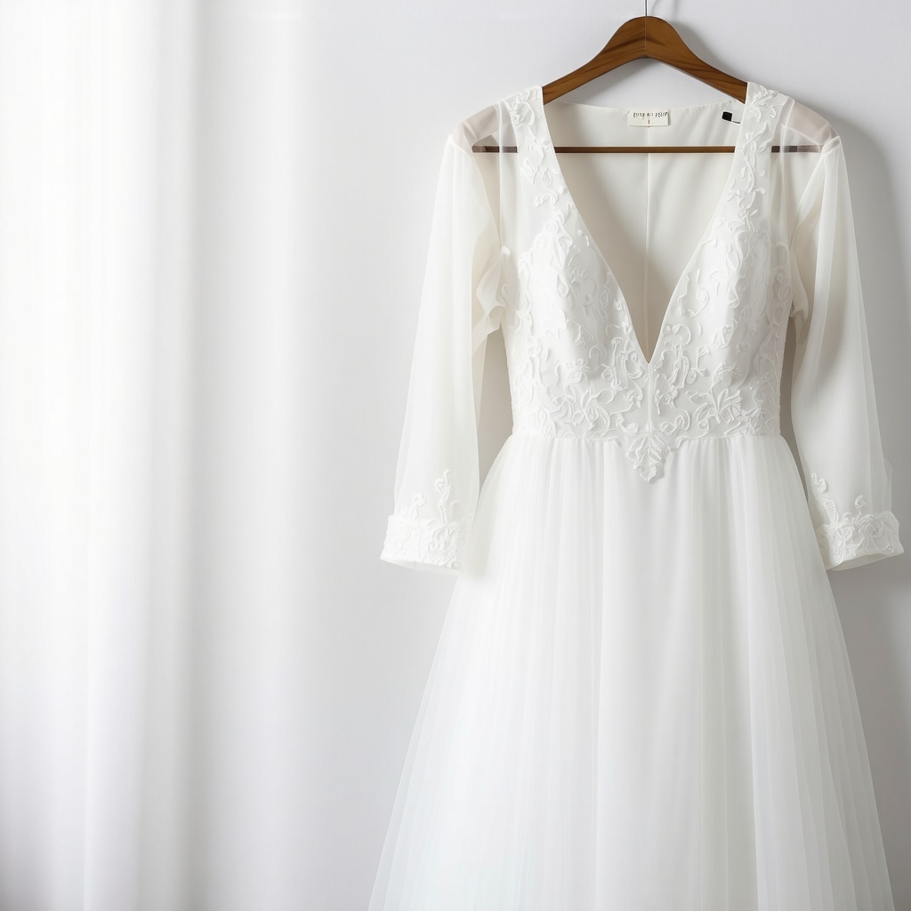 Illustration of eco-friendly wedding dress cleaning techniques using natural solvents and preservation methods.