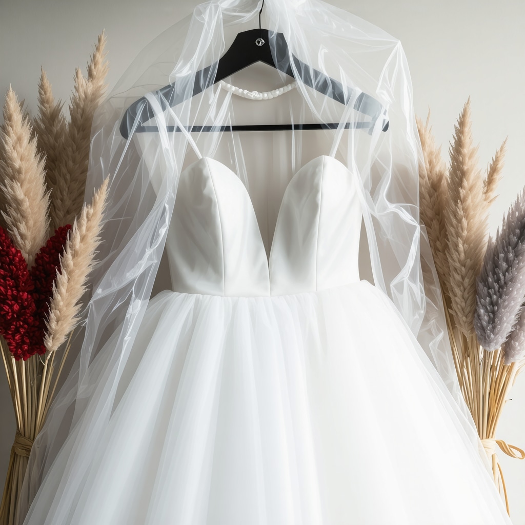 Wedding gown stored in eco-friendly preservation bag surrounded by natural elements