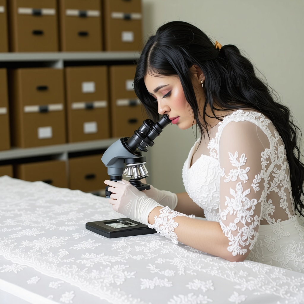 Bridal gown preservation expert examining vintage lace fabric under microscope with archival storage boxes in climate-controlled room