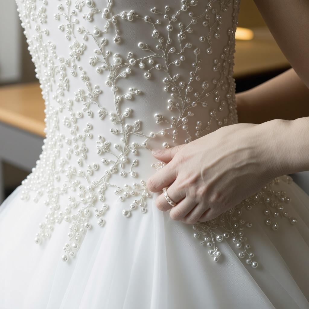 Delicate vintage wedding dress with beadwork being carefully cleaned by professionals in Tampa climate-controlled workshop