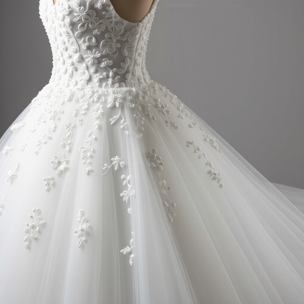 Professional wedding dress cleaner treating a delicate bridal gown with eco-friendly solvents and ultrasonic cleaning equipment in Tampa