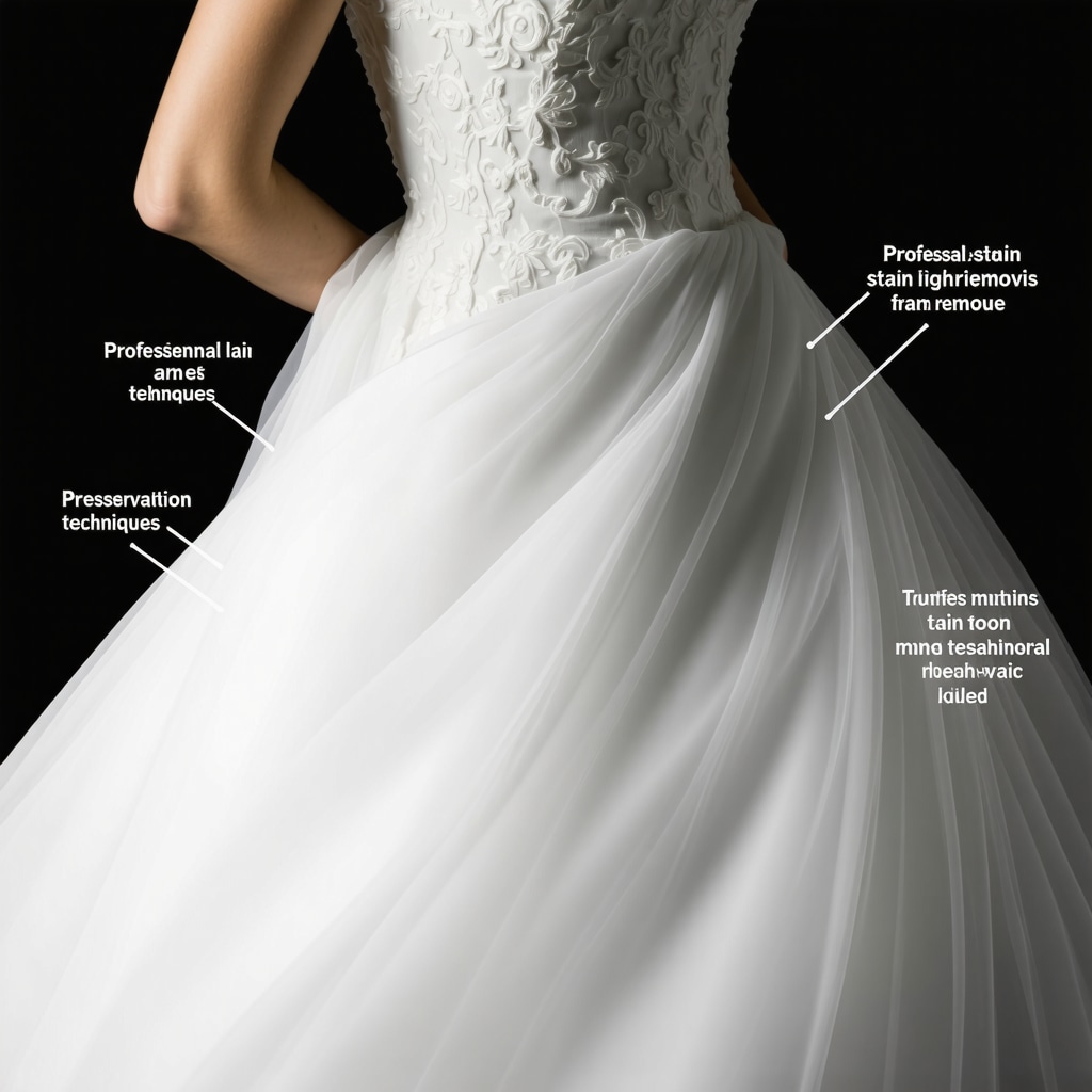 Delicate wedding dress fabric close-up with annotated stains and cleaning solutions
