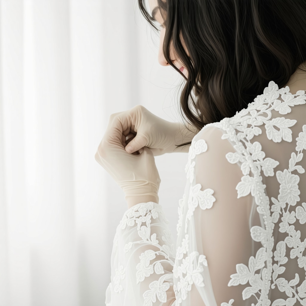Professional conservator cleaning delicate vintage wedding dress with ultrasonic technology