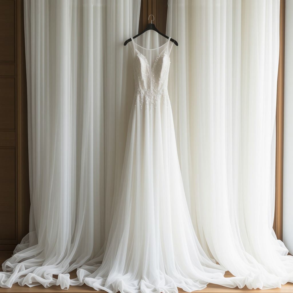 Elegant vintage wedding dress stored in acid-free preservation box with protective environment