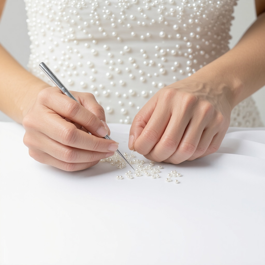 Professional restoring beadwork on a wedding dress with delicate tools in Tampa