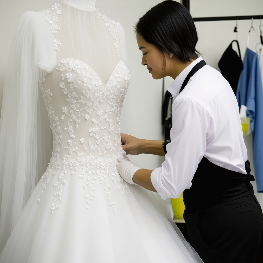 Professional wedding dress cleaner treating delicate silk gown in Tampa with eco-friendly equipment