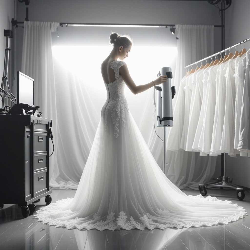 Bridal gown specialist inspecting a delicate lace wedding dress in a professional Tampa cleaning studio