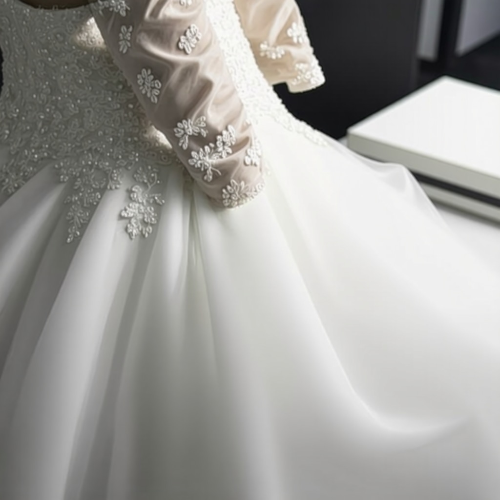 Technician analyzing wedding dress fabric under controlled humidity using spectroscopic tools with eco-friendly cleaning products nearby