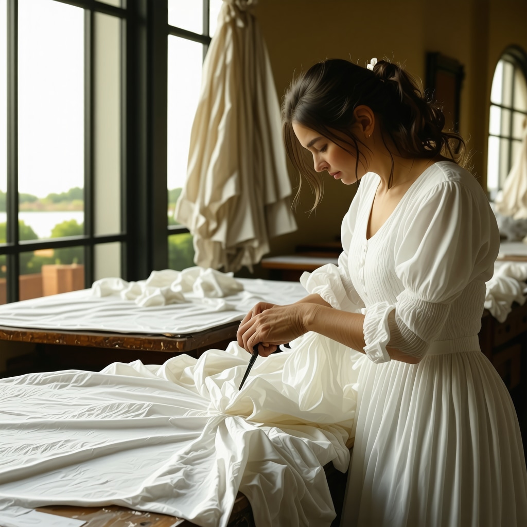 Conservator carefully restoring a vintage wedding gown in a climate-controlled Tampa studio