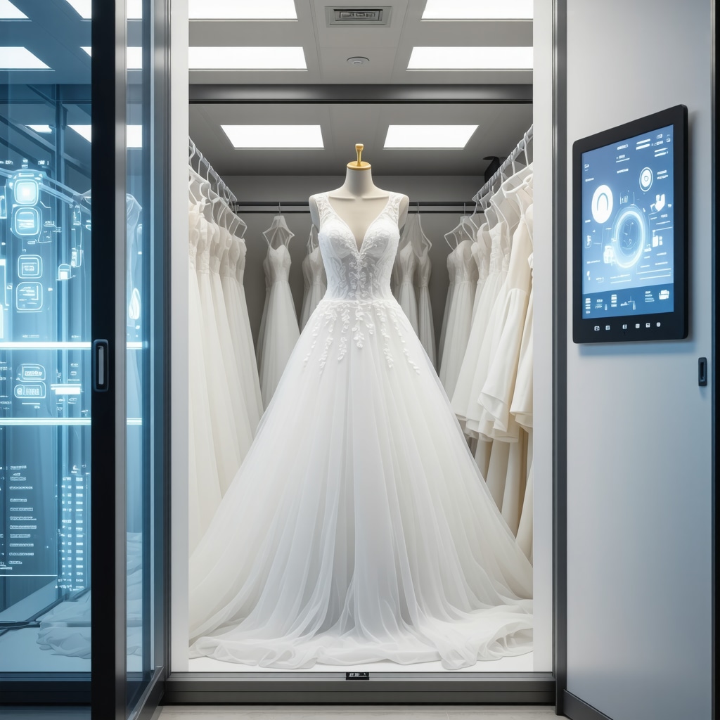 Luxury wedding dress stored in a climate-controlled vault with IoT sensors and AI monitoring displays