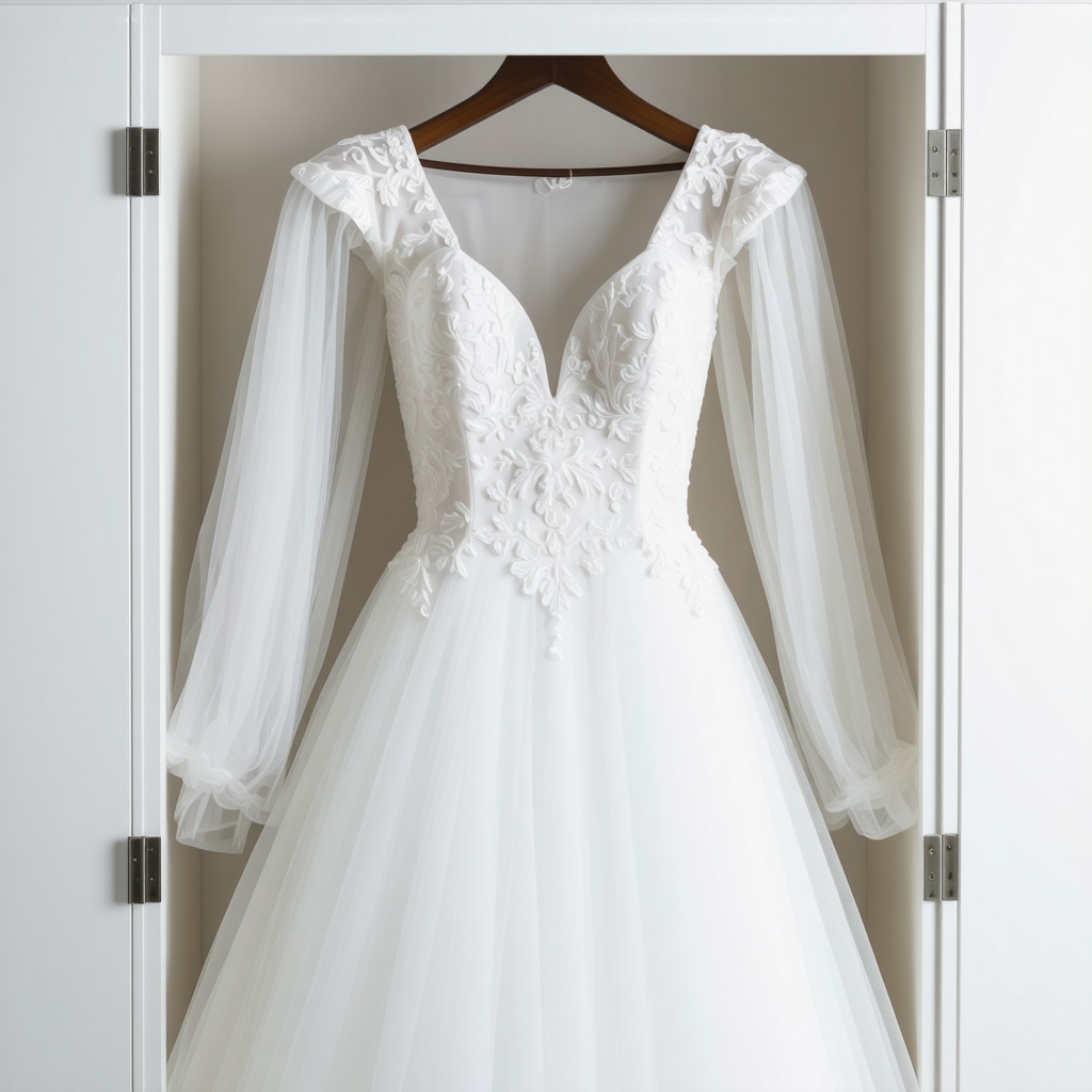 Wedding gown stored in climate-controlled archival storage for preservation