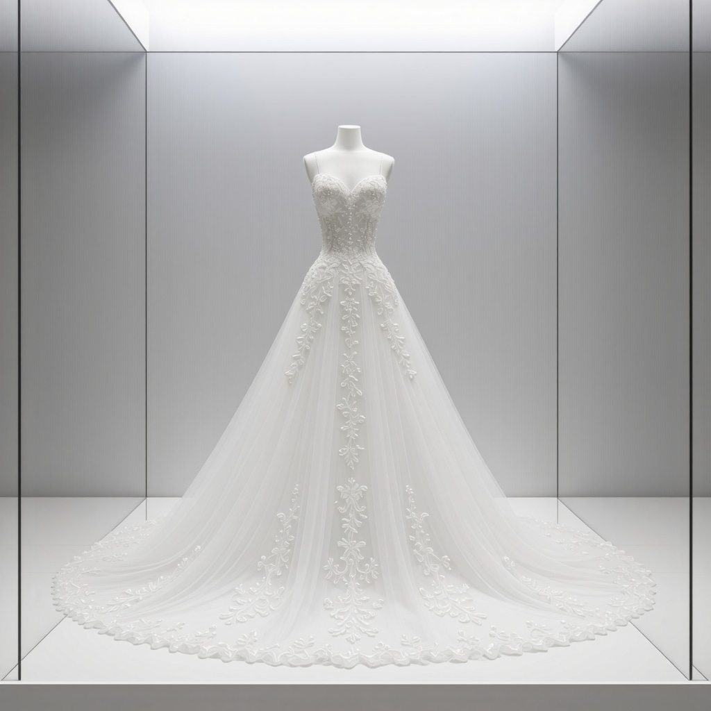 Luxury wedding dress with detailed embellishments in a conservation lab.