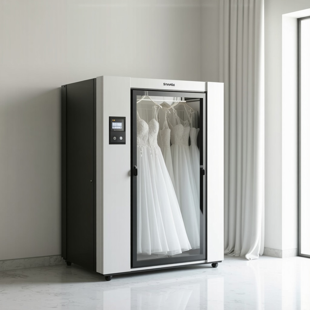 Climate-controlled archival storage box for bridal gowns featuring digital humidity and temperature displays in a well-lit room