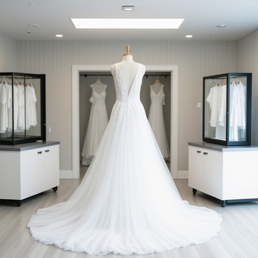 Wedding dress cleaning lab with enzyme solutions, ultrasonic machines, and blockchain displays