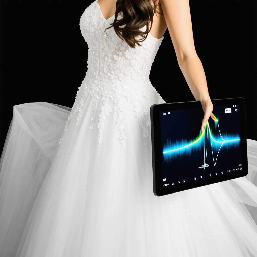 Wedding dress fabric under hyperspectral imaging scanner revealing detailed fiber condition