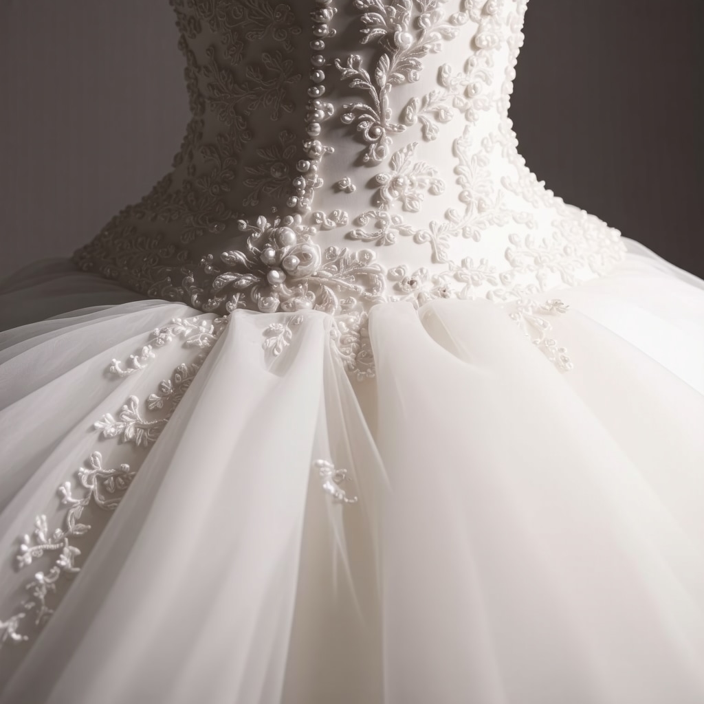 A wedding gown undergoing laser cleaning process in a Tampa conservation studio.