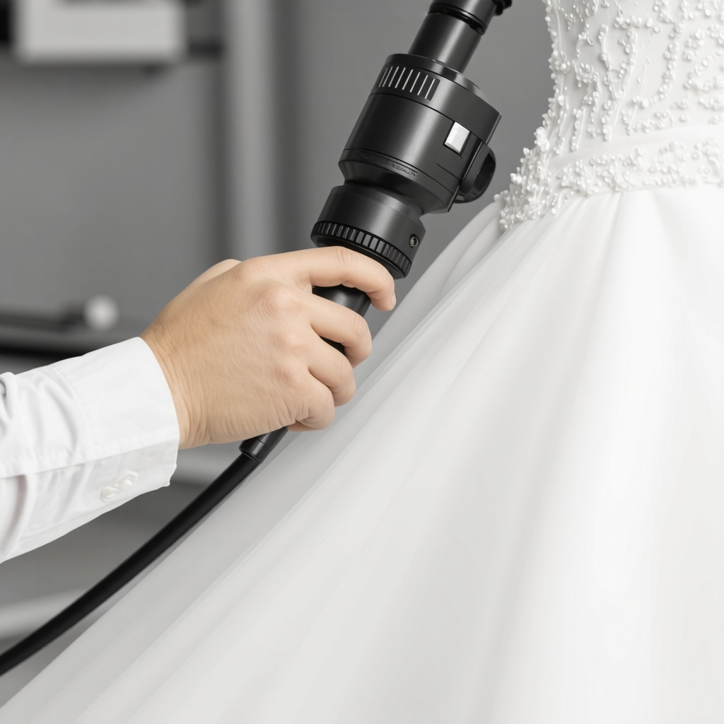 Professional laser cleaning technician treating a wedding dress stain with advanced technology