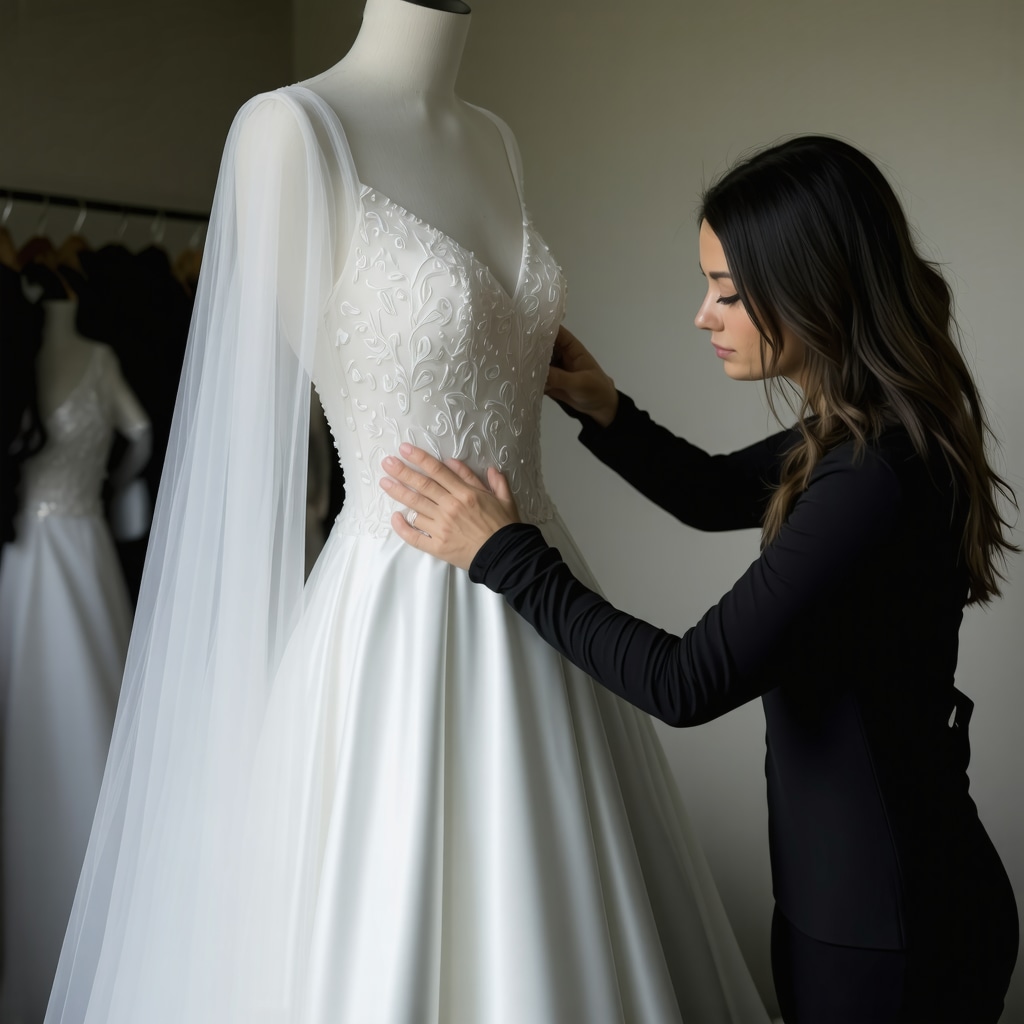 Wedding dress specialist carefully cleaning a luxury silk gown with delicate beadwork in Tampa
