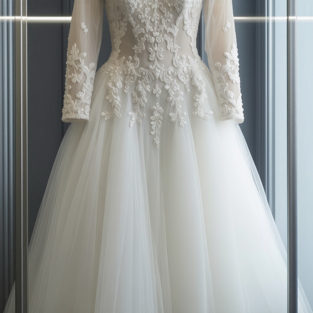 A vintage wedding gown preserved in a high-tech display case with environmental sensors.