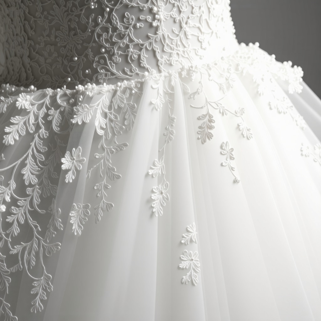 Close-up microscopic image of wedding gown fibers with nanotechnology cleaning detail