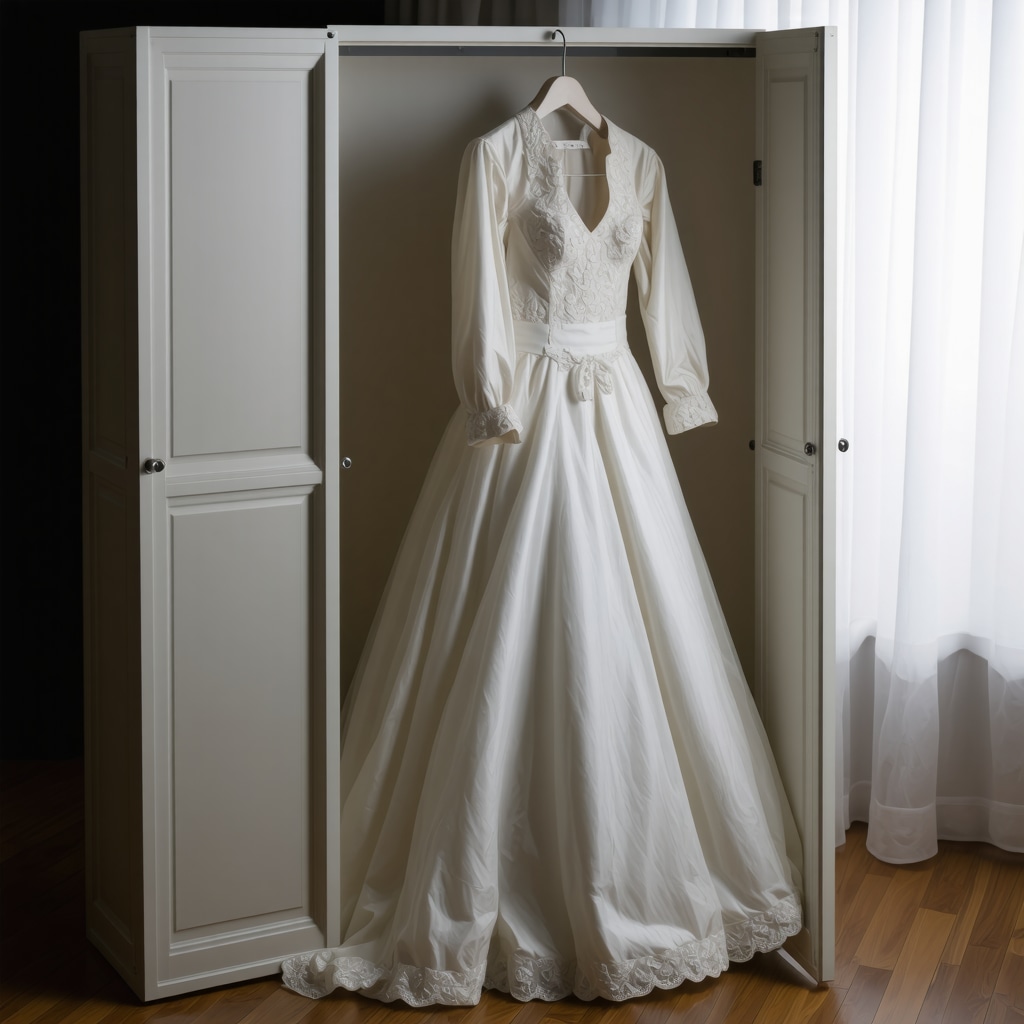 A preserved vintage wedding gown stored in archival materials, illustrating advanced conservation methods.