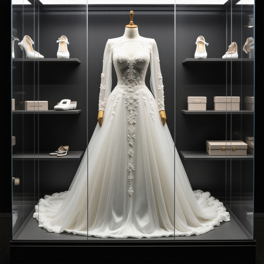 Vintage wedding dress preserved in a climate-controlled display case with advanced technology.