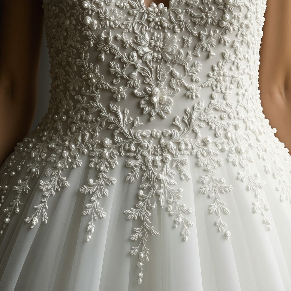 Close-up of wedding dress fabric being analyzed with spectroscopic technology for precise stain removal