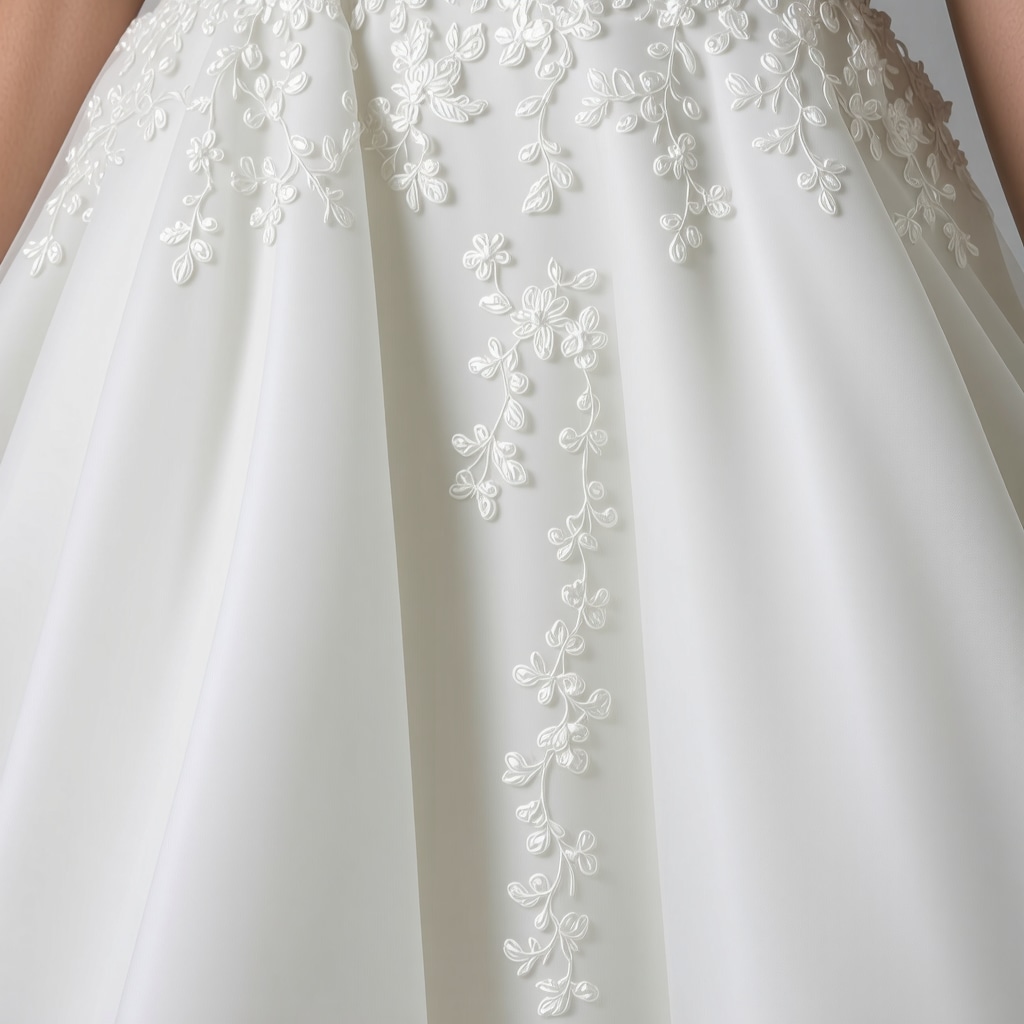 Wedding dress fabric under multispectral imaging revealing hidden stains and intricate details