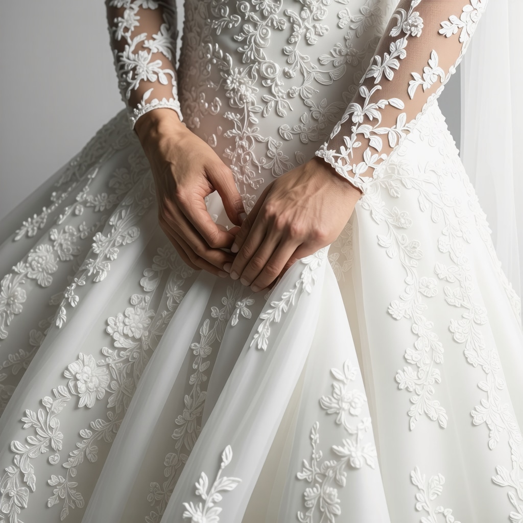 Expert conservator preserving vintage wedding gown with archival techniques in Tampa