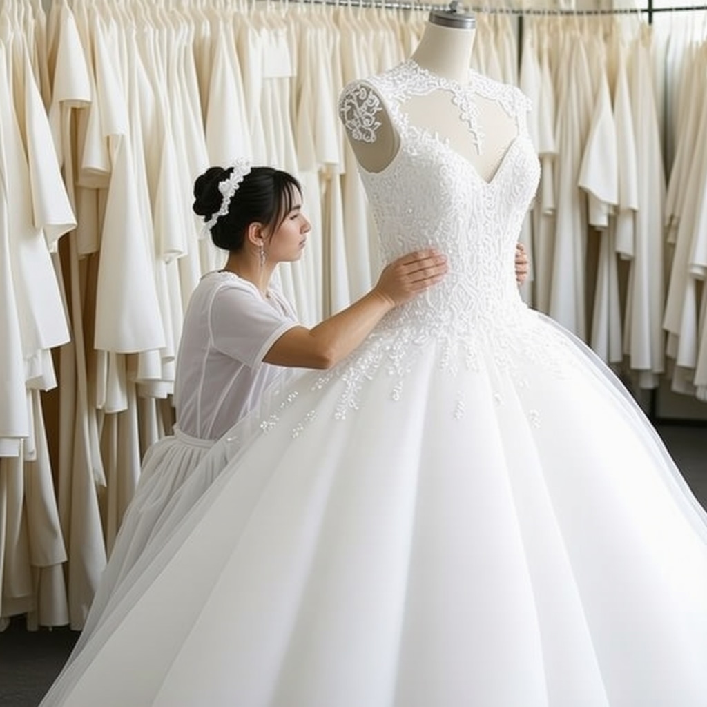 Conservator working on a wedding gown in a climate-controlled textile archive.