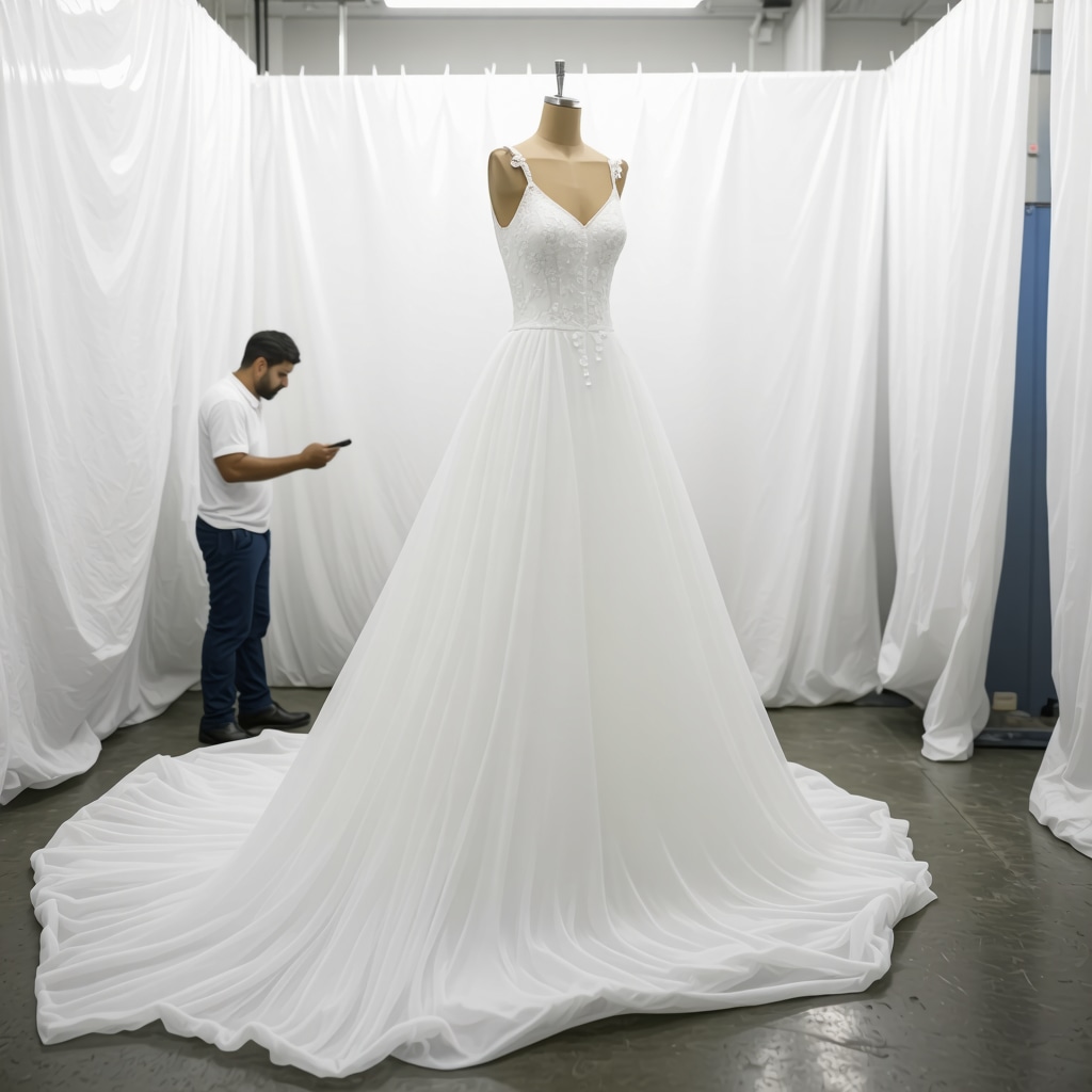 Expert wrapping vintage wedding gown with acid-free tissue for long-term preservation in a climate-controlled environment.