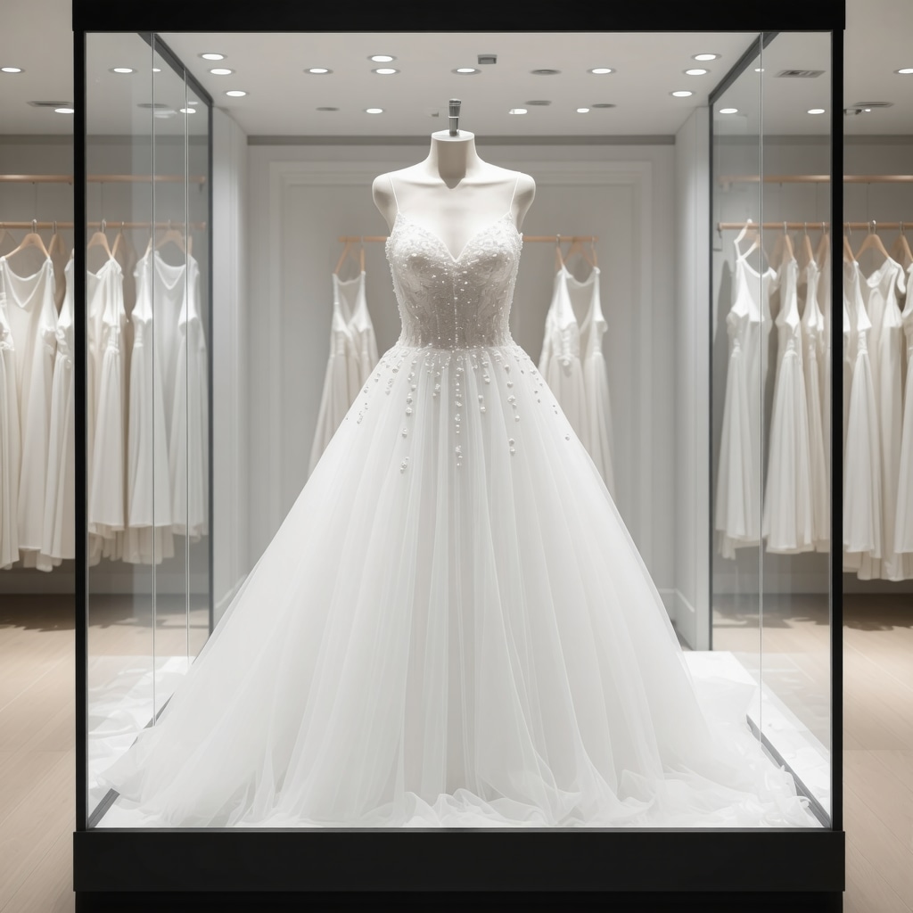 Wedding dress in climate-controlled archival box with delicate beadwork in Tampa boutique