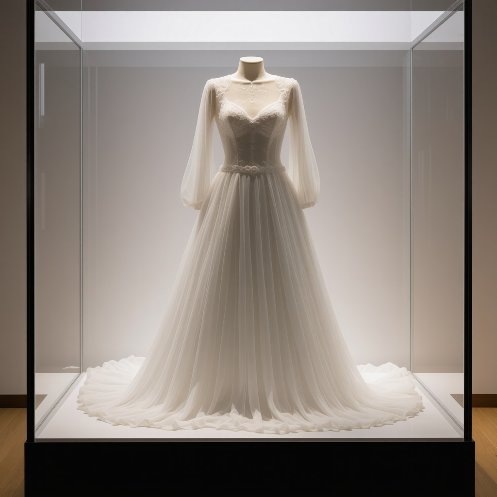 Vintage wedding dress stored in climate-controlled display case, showcasing preservation techniques